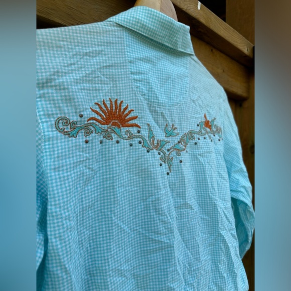 Vintage Western Shirt Cowgirl Southwestern Aqua Orange Country Top Festival - Picture 11 of 17